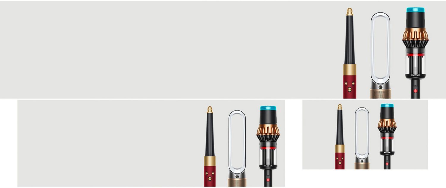 A lineup of sleek Dyson appliances, including vacuums, hair tools, and an air purifier, arranged in a dark room.